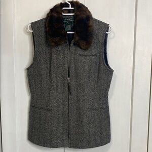 Ralph Lauren Grey Herringbone Vest with Faux Fur Collar - Wool Silk Blend - 10P
